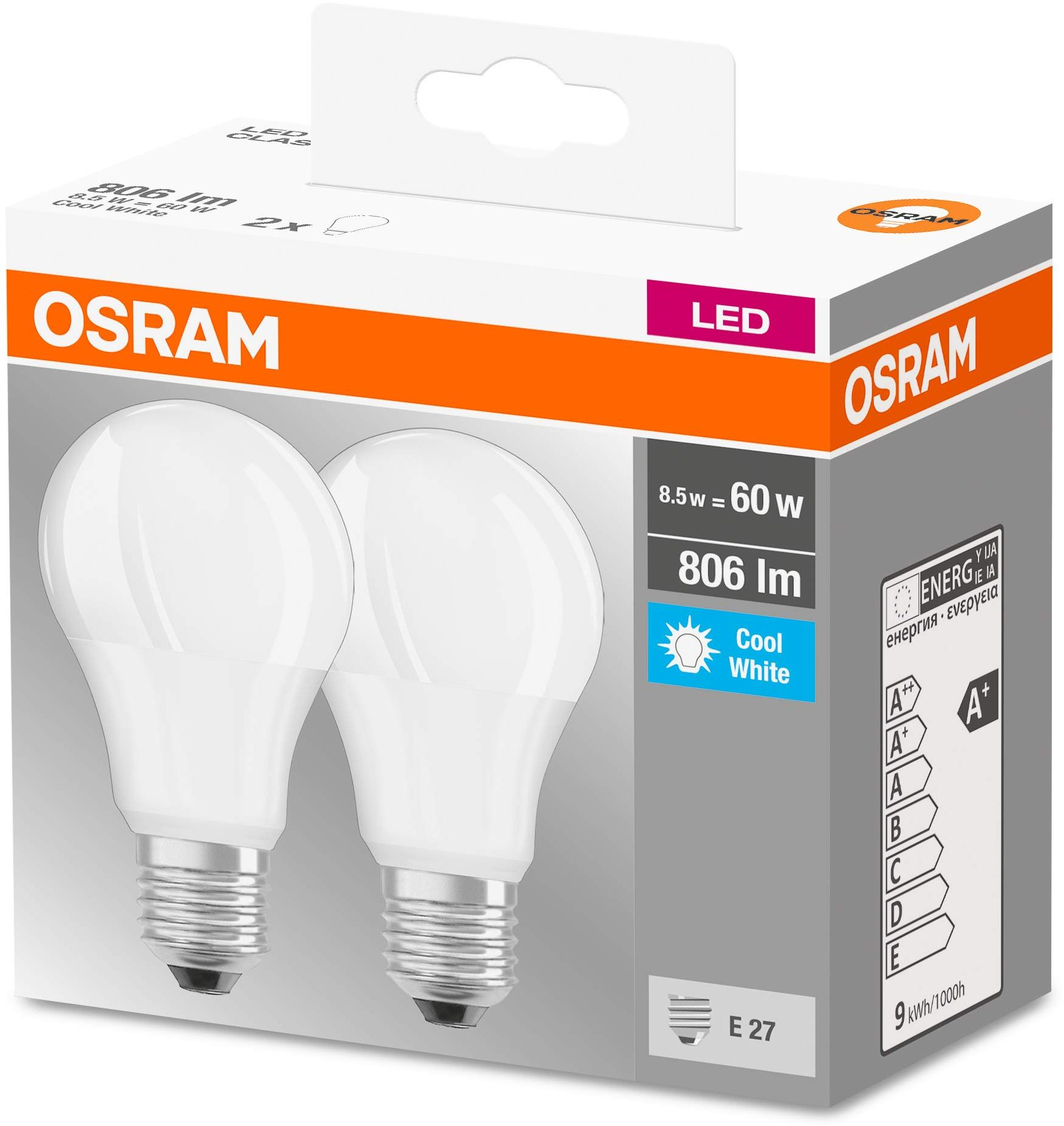 Набір ламп 2шт Osram Led E27 8.5Вт 4000К 806Лм A60 (4058075152670)