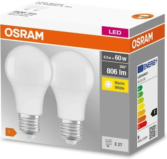 Набір ламп 2шт Osram Led E27 8.5Вт 2700К 806Лм A60 (4058075152656)