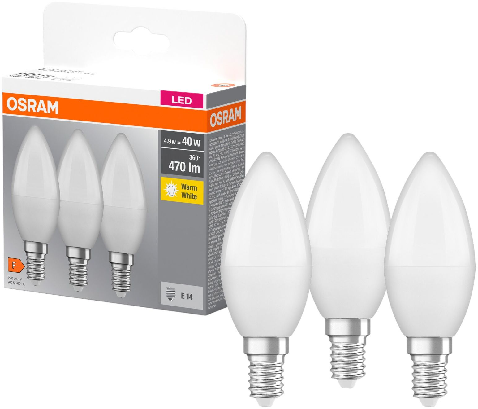 Набір ламп 3шт Osram Led E14 4.9Вт 2700К 470Лм B40 (4099854047091)