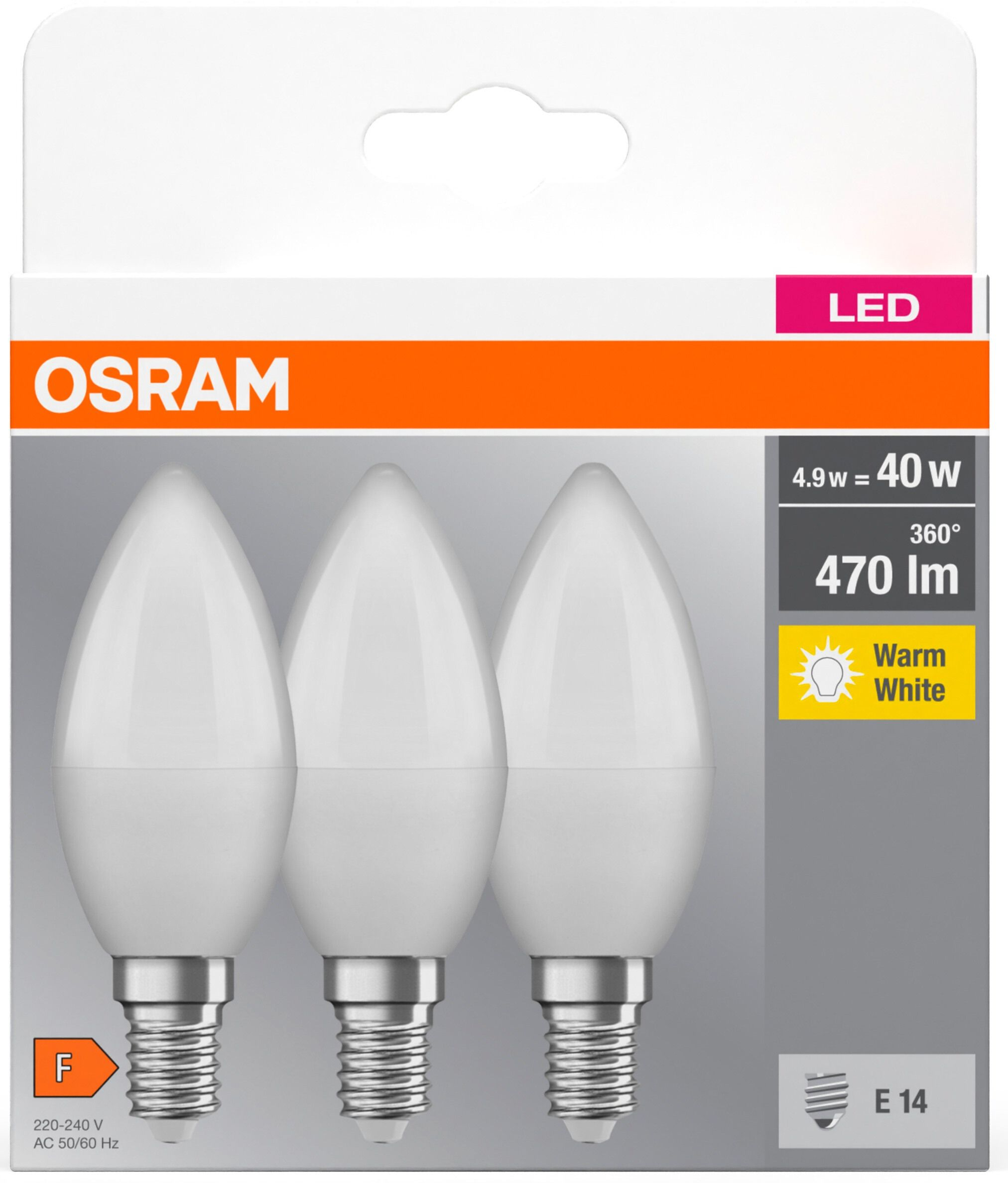 Набір ламп 3шт Osram Led E14 4.9Вт 2700К 470Лм B40 (4099854047091)