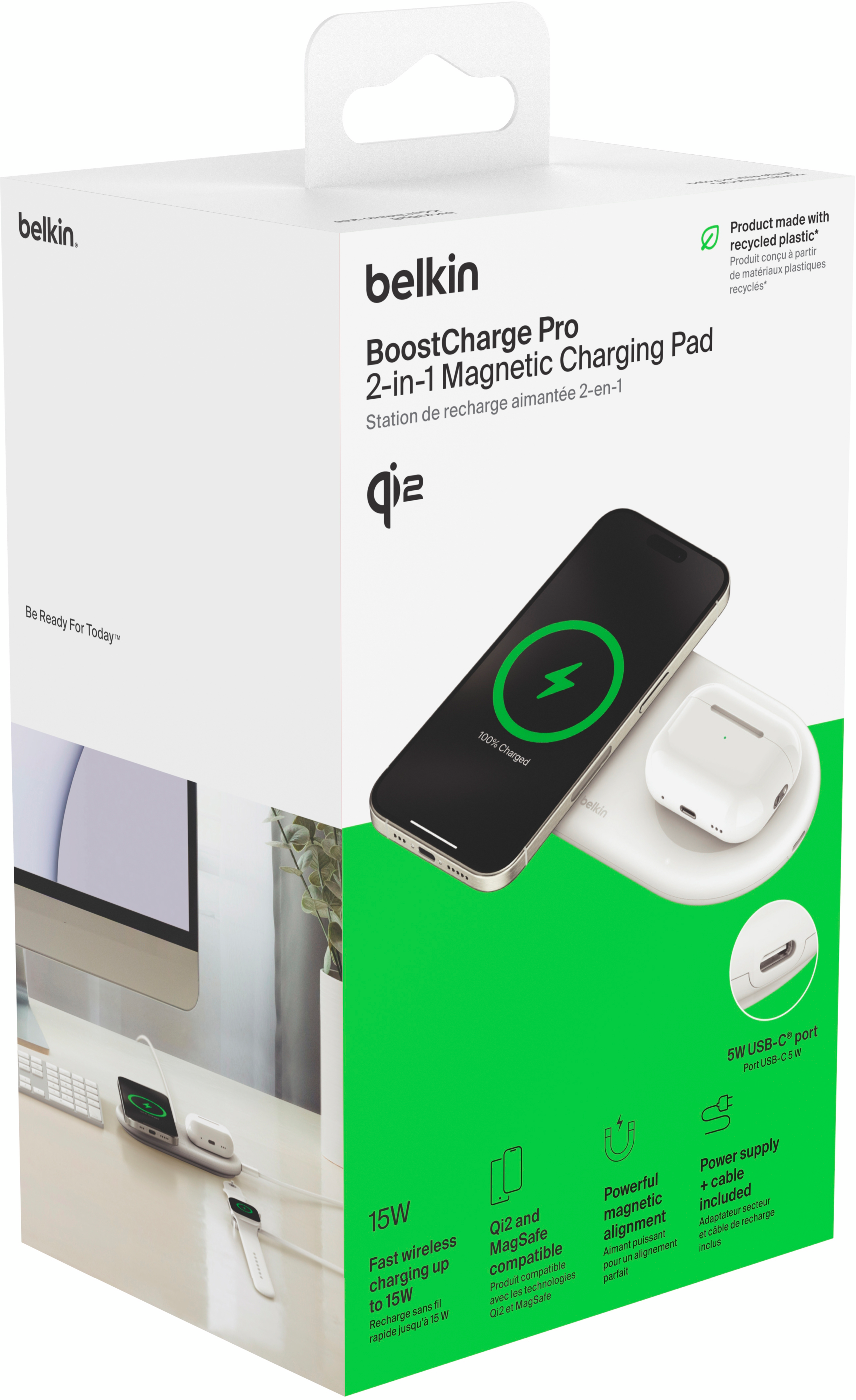 Бездротовий зарядний пристрій Belkin 2в1 15Вт Pad Qi2 White (WIZ021VFWH)