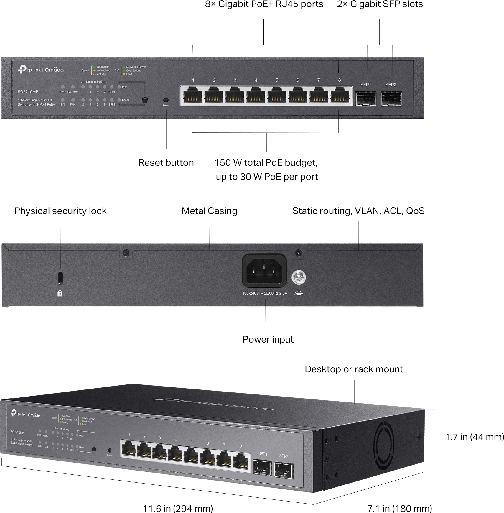 Комутатор TP-LINK TL-SG2210MP 8xGE (8xPoE) 2xSFP, 150Вт, WebSmart (SG2210MP)