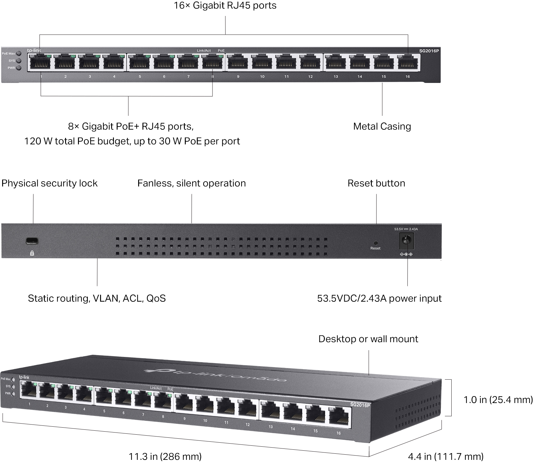 Комутатор TP-LINK TL-SG2016P 16xGE (8xPoE), 120Вт, WebSmart (SG2016P)