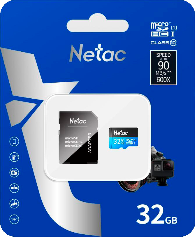 Карта пам'яті Netac microSD 32GB C10 UHS-I R80MB/s + SD адаптер (NT02P500STN-032G-R)