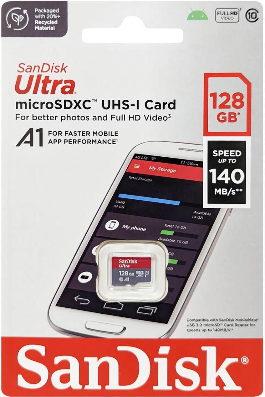 Карта памяти SanDisk microSD 128GB C10 UHS-I R140MB/s Ultra (SDSQUAB-128G-GN6MN)