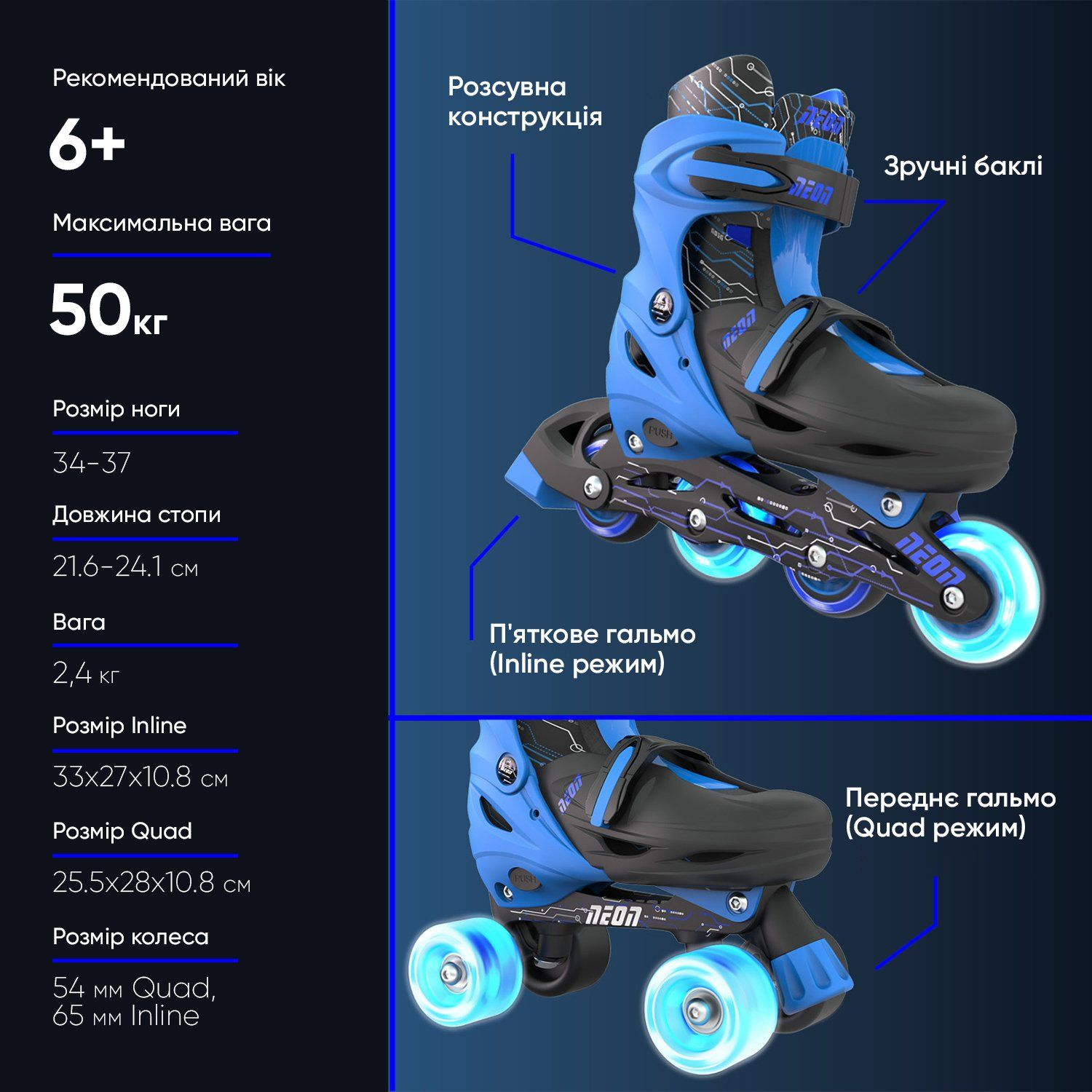 Роликові ковзани Neon Combo Skates Синій (Розмір 34-37)