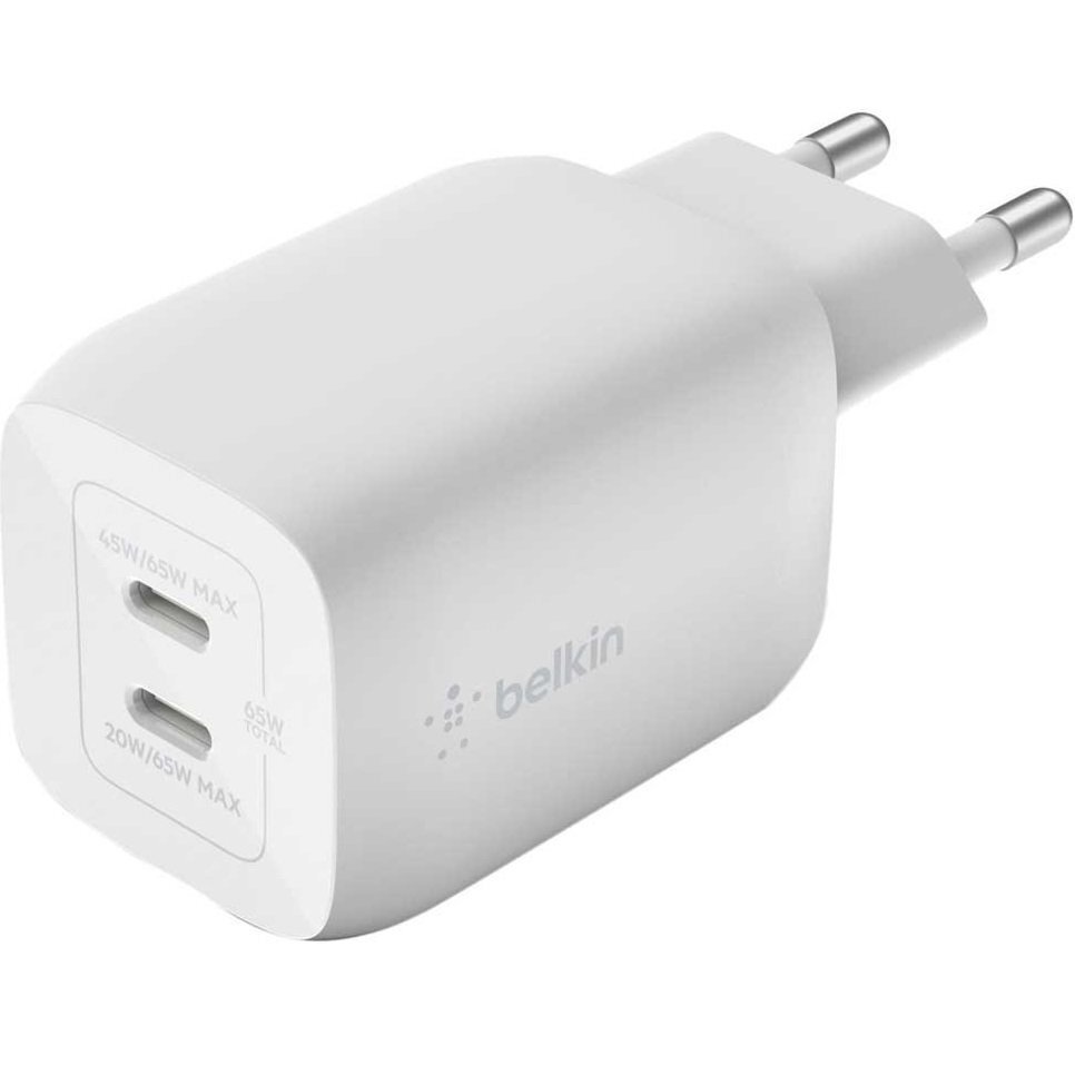 Мережевий зарядний пристрій Belkin 65Вт 2хUSB-С GAN PD PPS, white (WCH013VFWH)