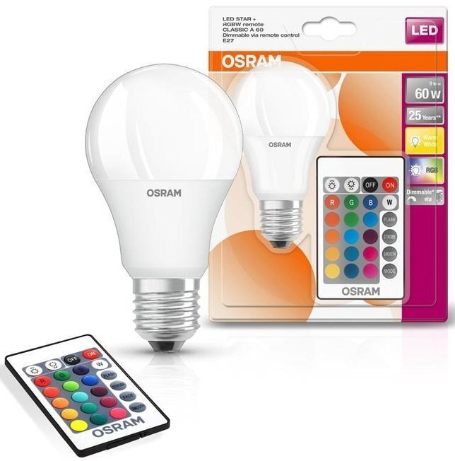 Лампа світлодіодна Osram Led E27 9W 2700К+RGB 220V A60+пульт дистанційного керування (4058075430754)