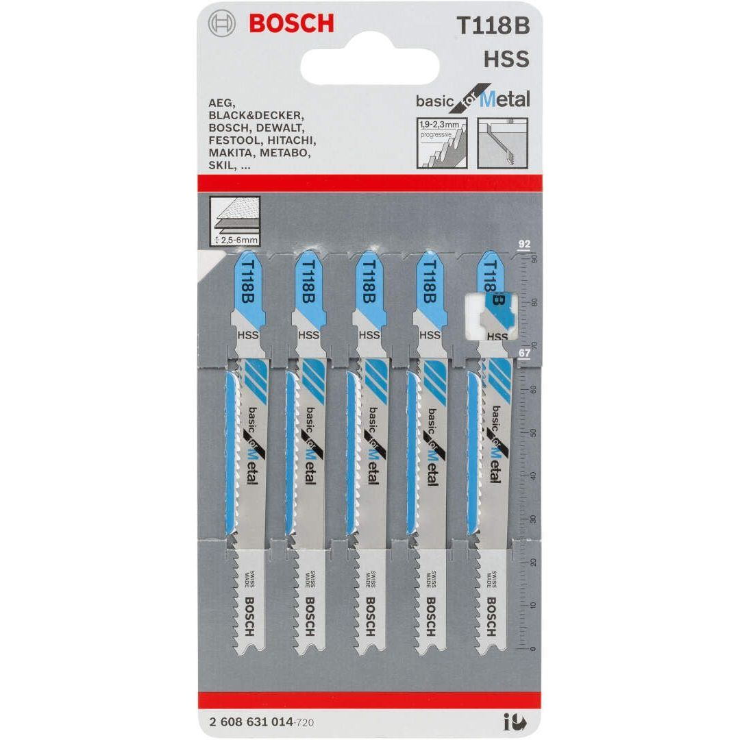 Полотно пилочное для электролобзика Bosch для металла T 118 B, 1.9-2.3х92мм, 5шт (2.608.631.014)