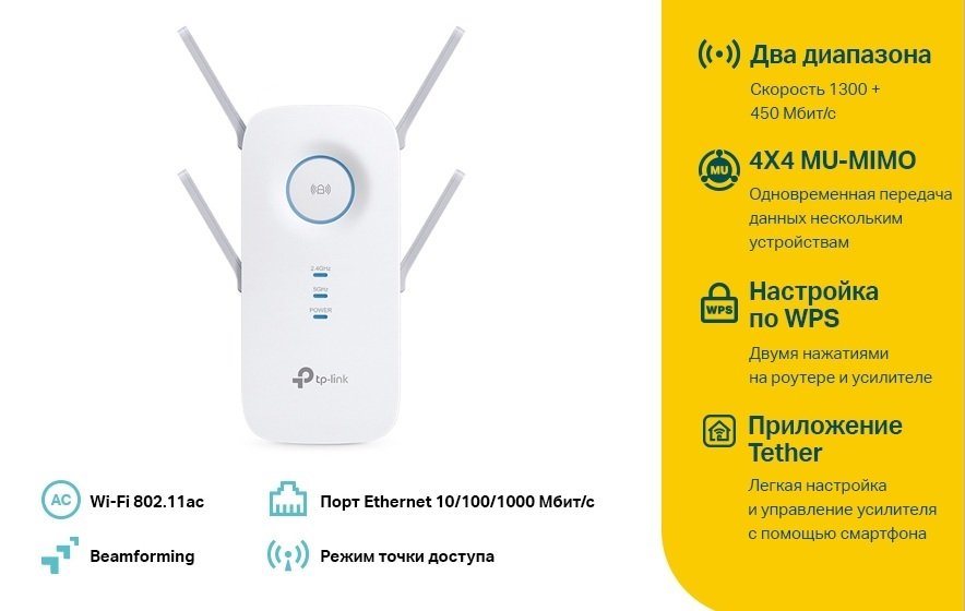 Підсилювач бездротового сигналу TP-Link RE650 AC2600 1хGE LAN Beamforming 4x4 MU-MIMO