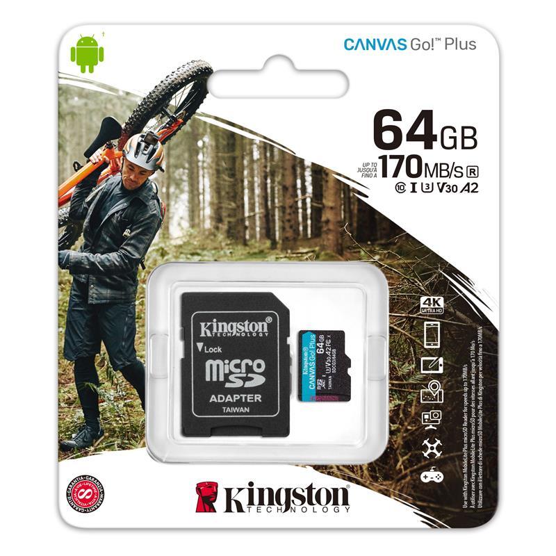 Карта пам`яті Kingston microSDXC 64GB Canvas Go Plus 170R A2 U3 V30 + SD-Адаптер (SDCG3/64GB)