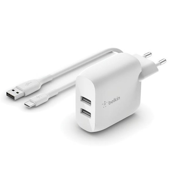 Мережевий ЗП Belkin Home Charger (24W) DUAL USB 2.4A, USB-C 1m, white (WCE001VF1MWH)