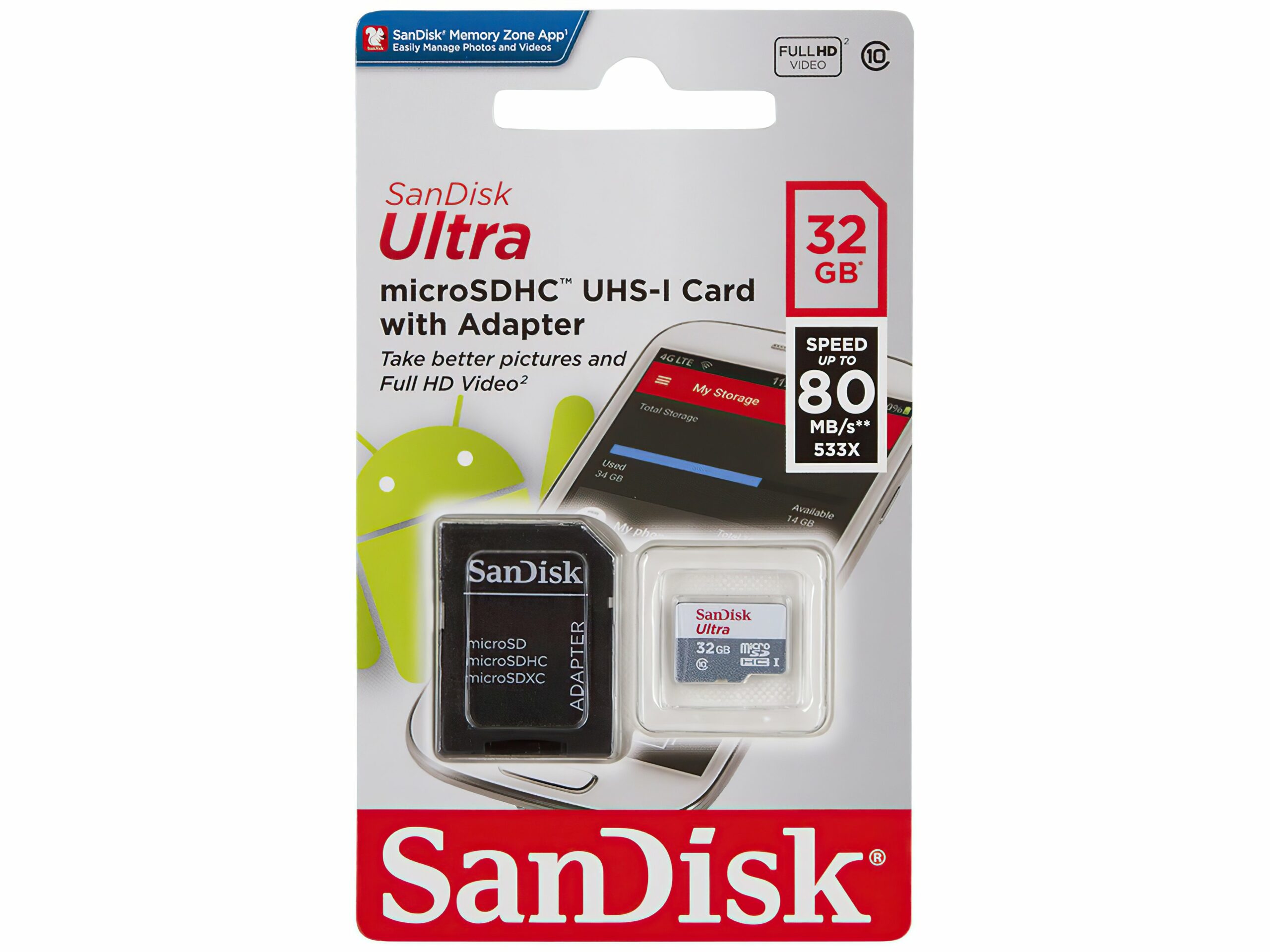 Карта пам'яті SanDisk microSDHC 32GB C10 UHS-I R100MB/s Ultra+SD адаптер (SDSQUNR-032G-GN3MA)